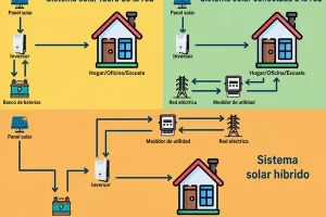 diferencia entre fuera de la red, en la red y el inversor híbrido